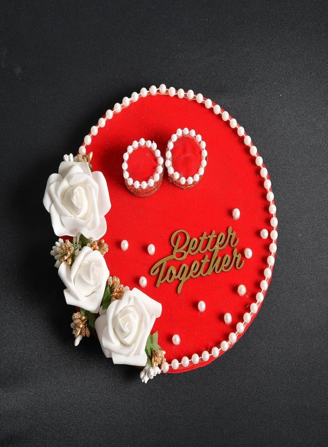 Mridang Engagement Wedding Ring Platter Better Together Thali | Wedding Ring Platter | Marriage Décor | Engagement Tray (Red,White) velvet - Image 3